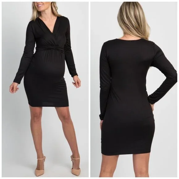 New Pink Blush Maternity Dress Womens Size Large Black Front Knot Long Sleeve - Picture 3 of 15